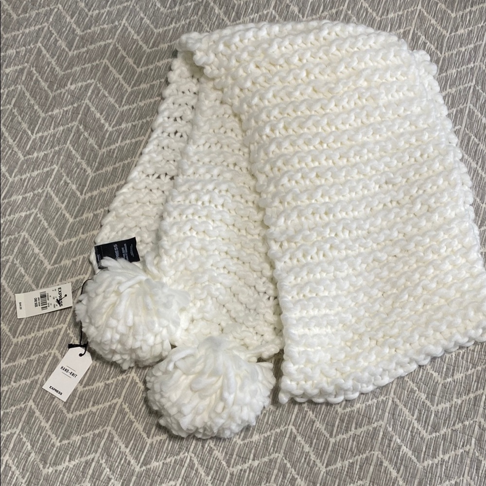 Express Hand-Knit Cozy White Knit Scarf with plush Pom Poms